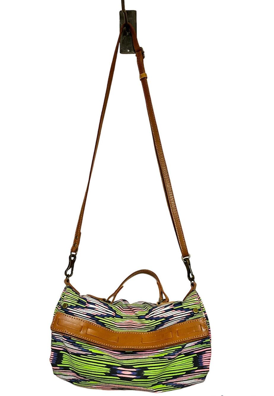 Cynthia Vincent Handbag Ikat Printed Cotton Crossbody Bag Boho Leather